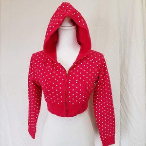 Red Cropped Zip Up Hoodie with White Polka Dots